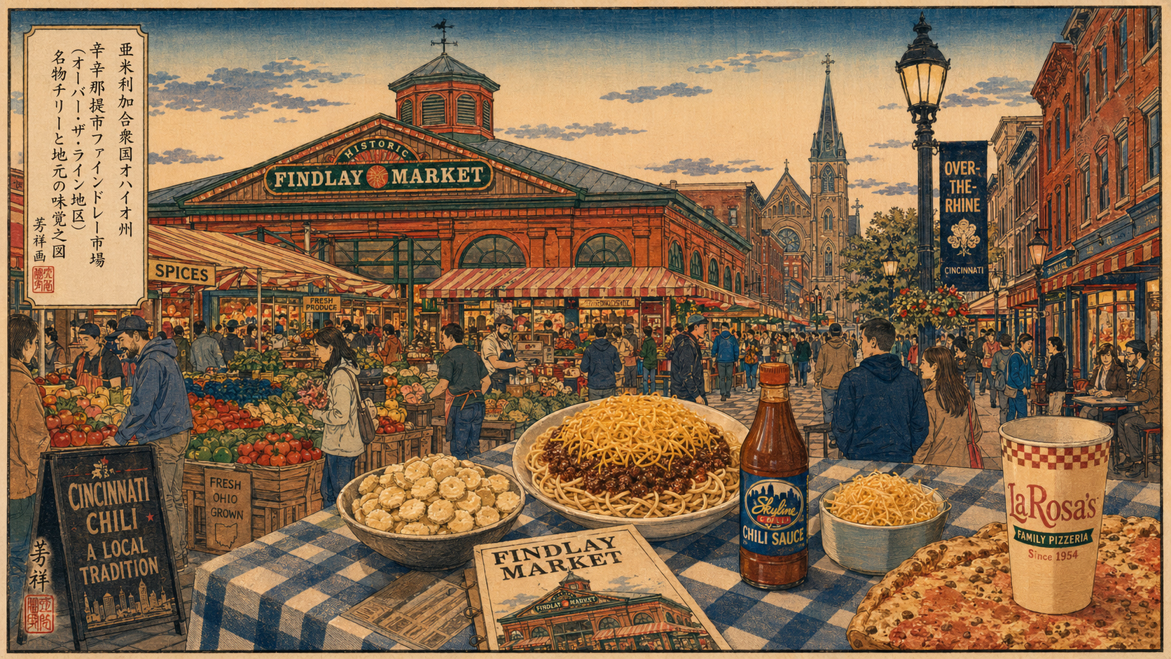 Findlay Market、シンシナティ・チリ、OTRの食卓を描いた日本風木版画スタイル