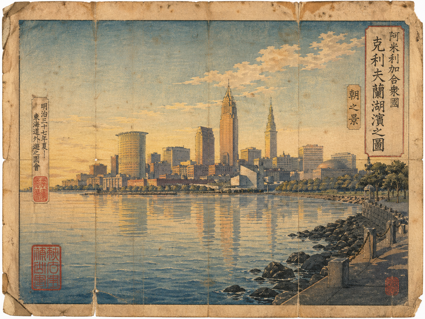 朝のクリーブランド湖畔とスカイラインを描いた日本風木版画スタイル