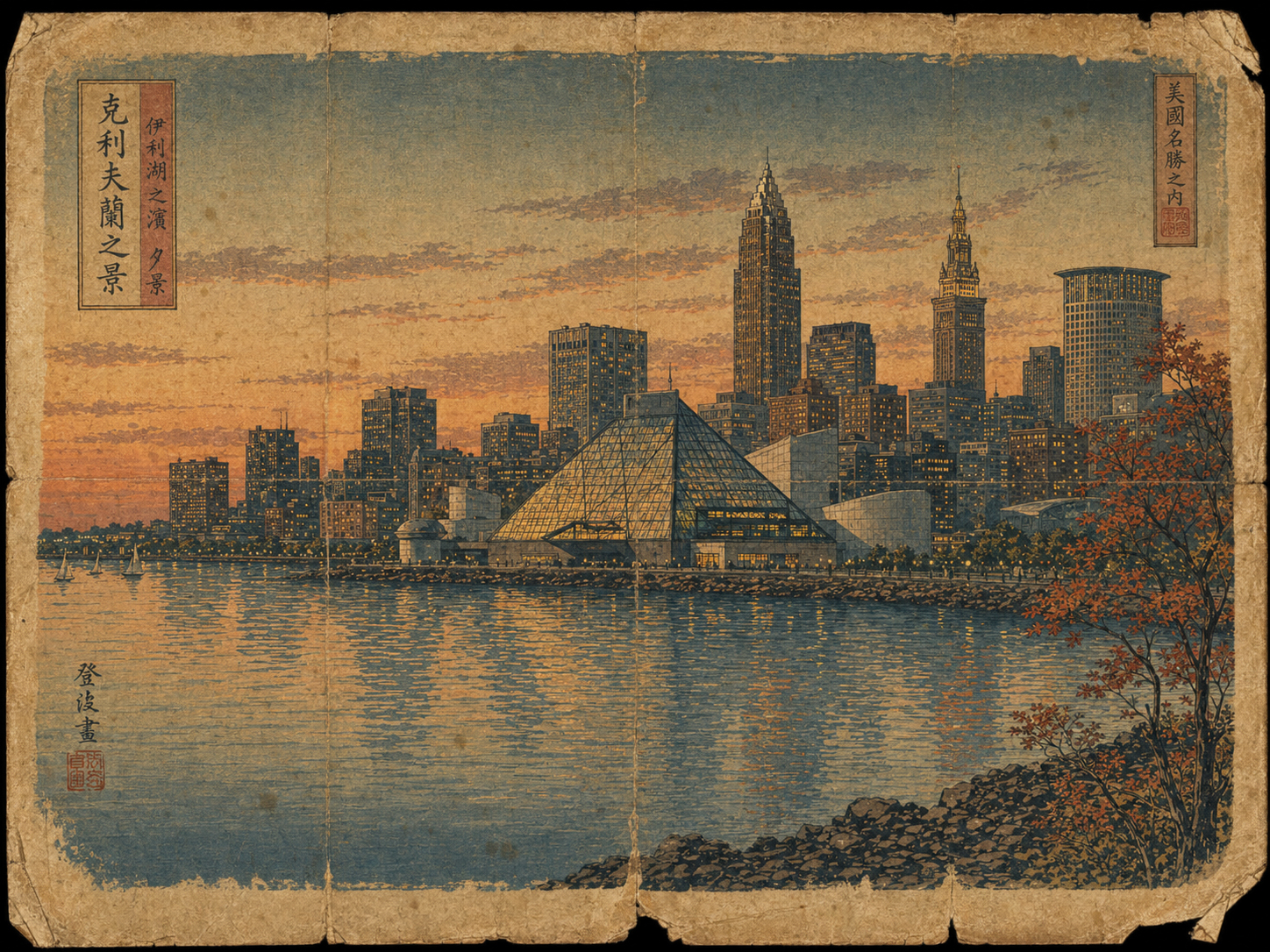 クリーブランド湖畔の夕景を描いた日本風木版画スタイル