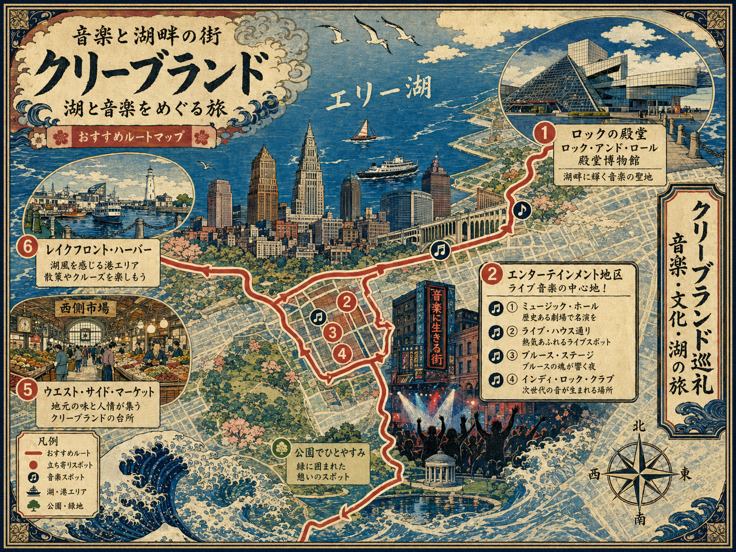 ロックの殿堂、ライブ会場、市場、湖畔をつなぐクリーブランド音楽旅程地図を描いた日本風木版画スタイル