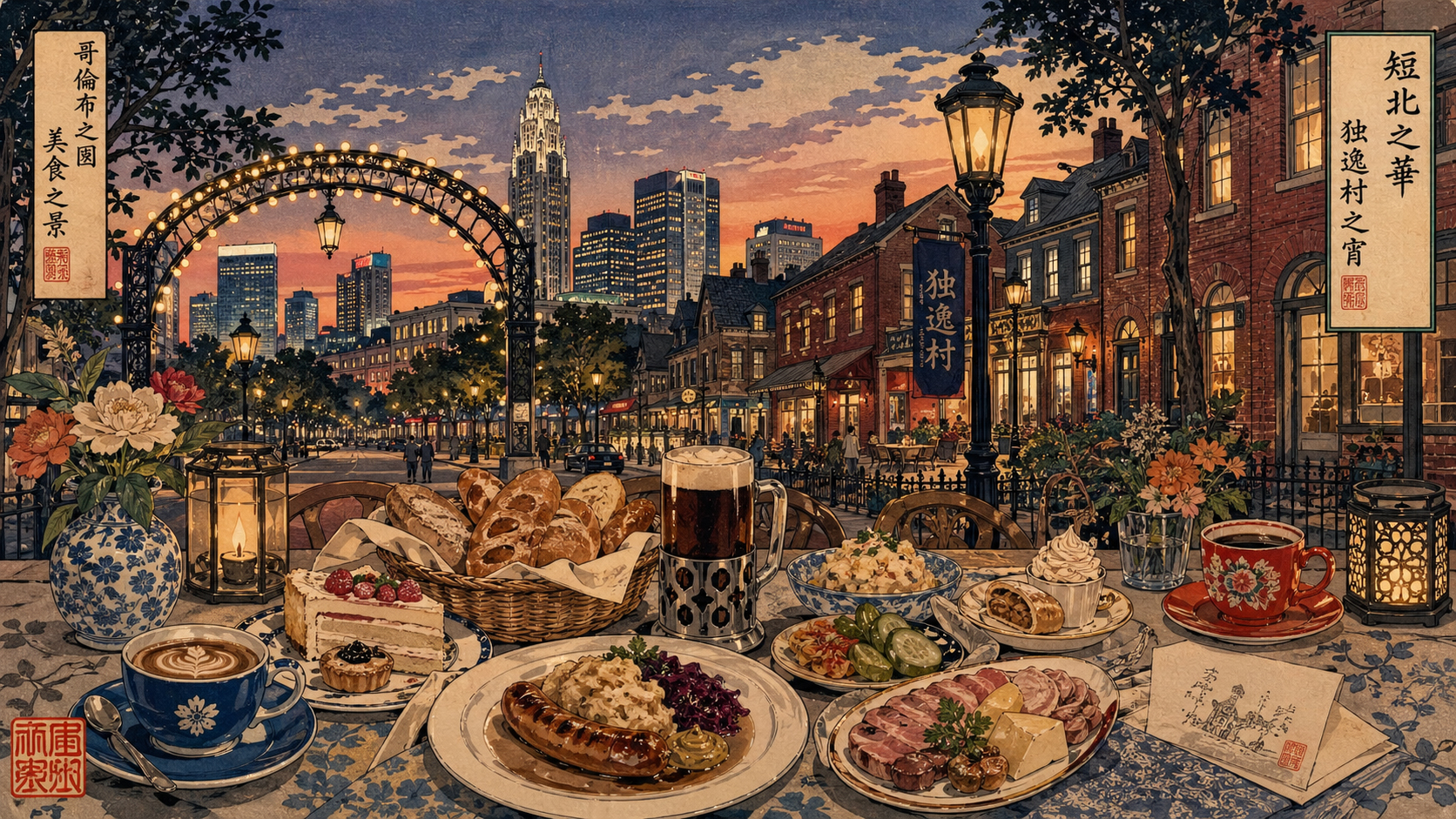 ショート・ノースとジャーマン・ビレッジの食卓、カフェ、レストランを描いた日本風木版画スタイル