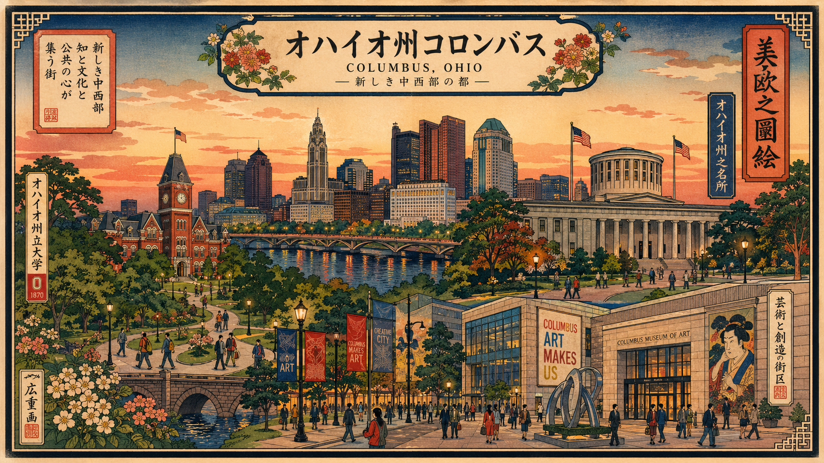 州議事堂、キャンパス、アート地区、成長する街を重ねたコロンバスのパノラマを描いた日本風木版画スタイル