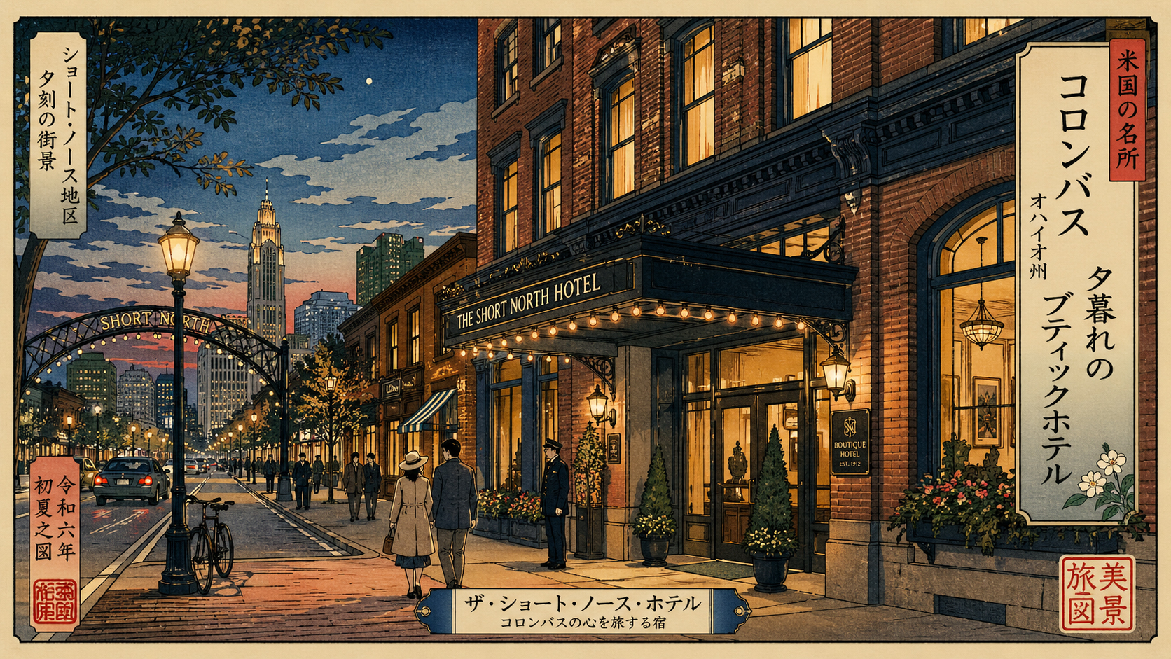 ショート・ノースと中心部のブティックホテルの夕景を描いた日本風木版画スタイル
