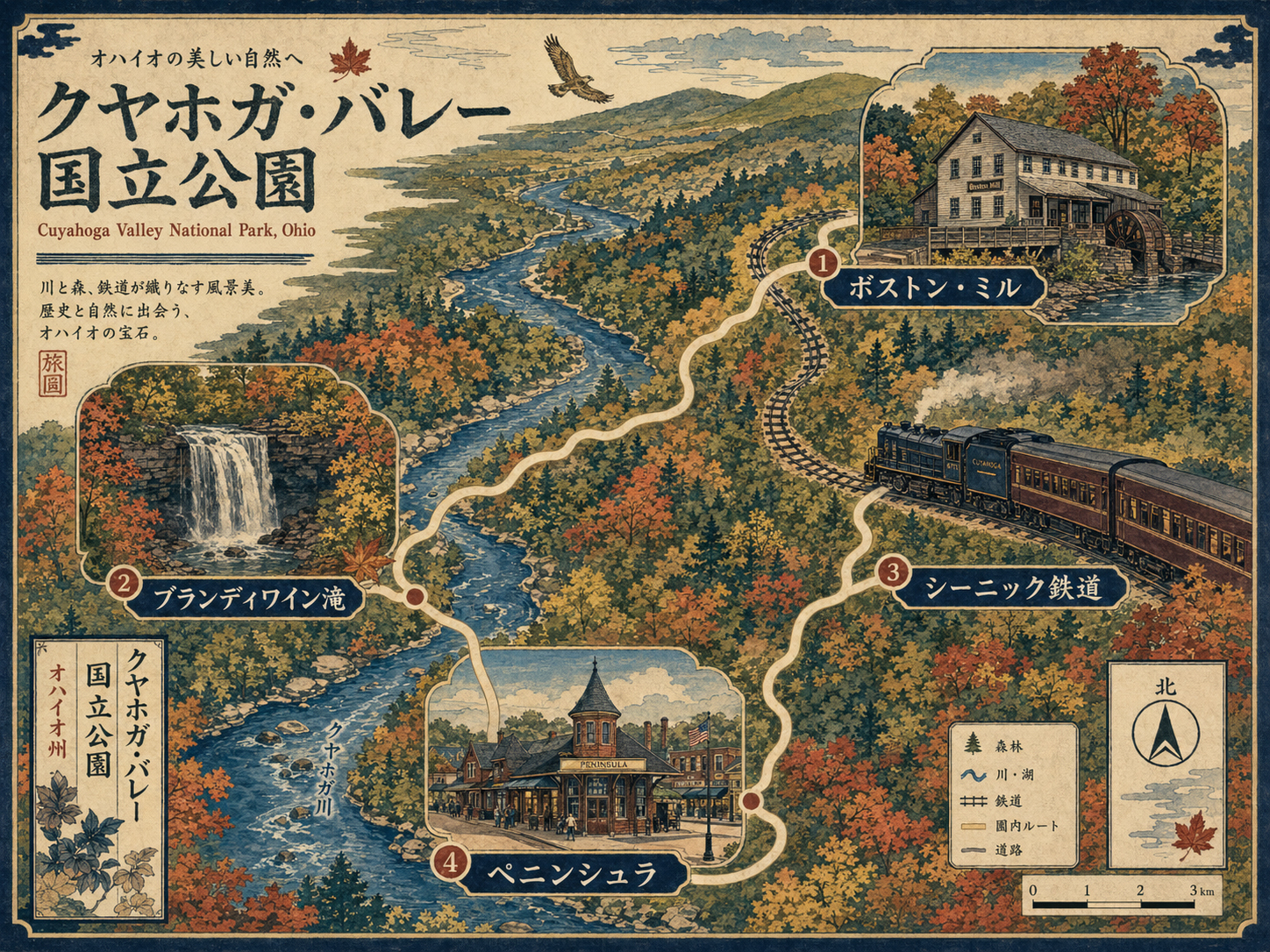 ボストン・ミル、ブランディワイン滝、観光鉄道、ペニンシュラをつなぐ旅程地図を描いた日本風木版画スタイル