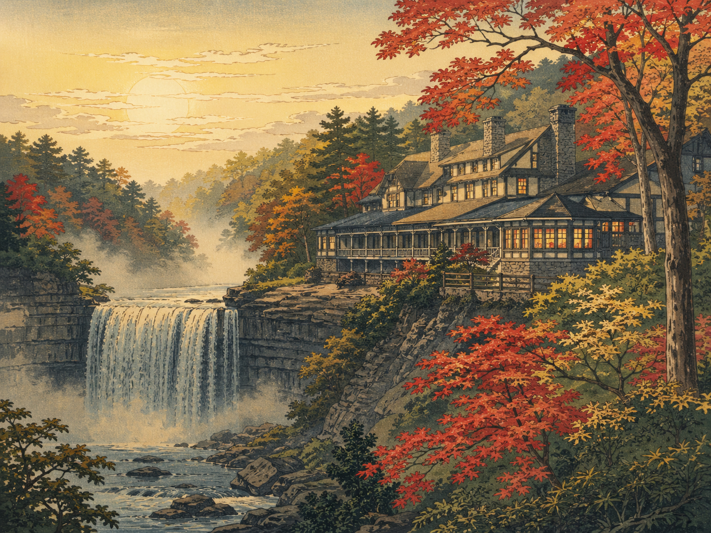 ブランディワイン滝の宿と朝の森を描いた日本風木版画スタイル