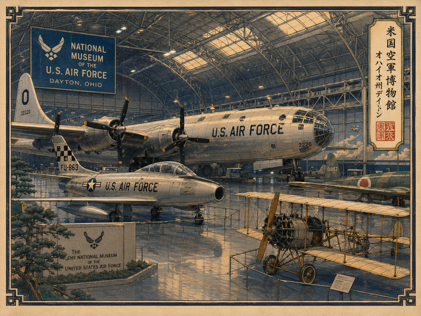 巨大な格納庫と航空機展示を描いたデイトンの日本風木版画スタイル
