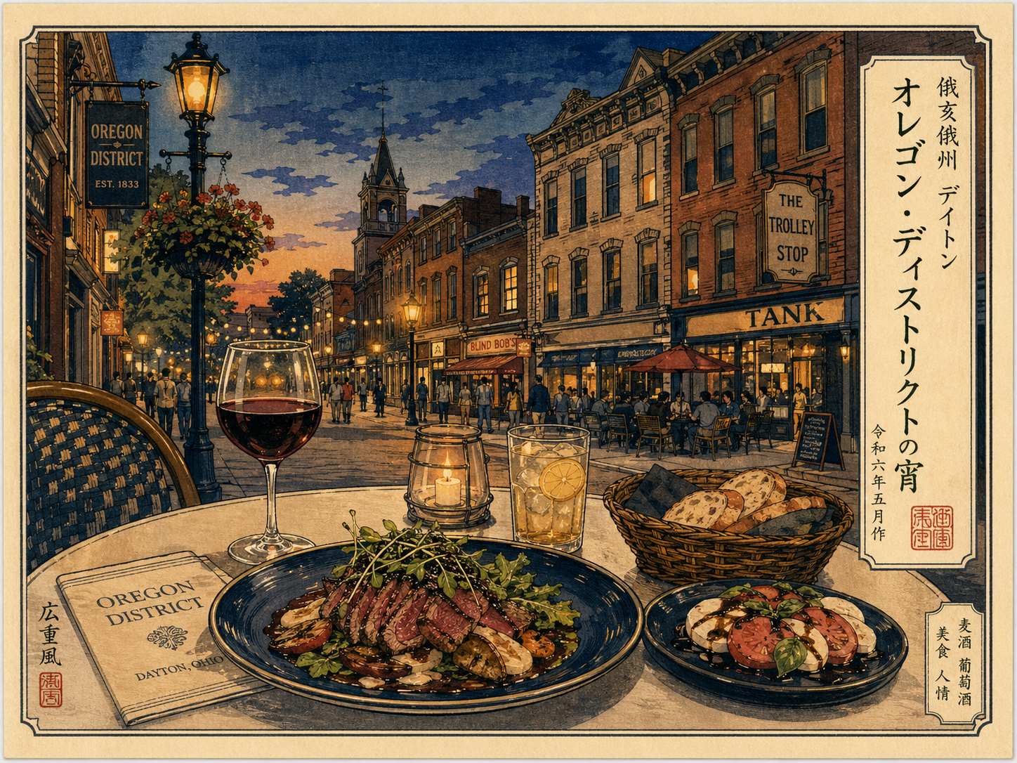 Oregon Districtのビストロ、カフェ、夕食のテーブルを描いた日本風木版画スタイル