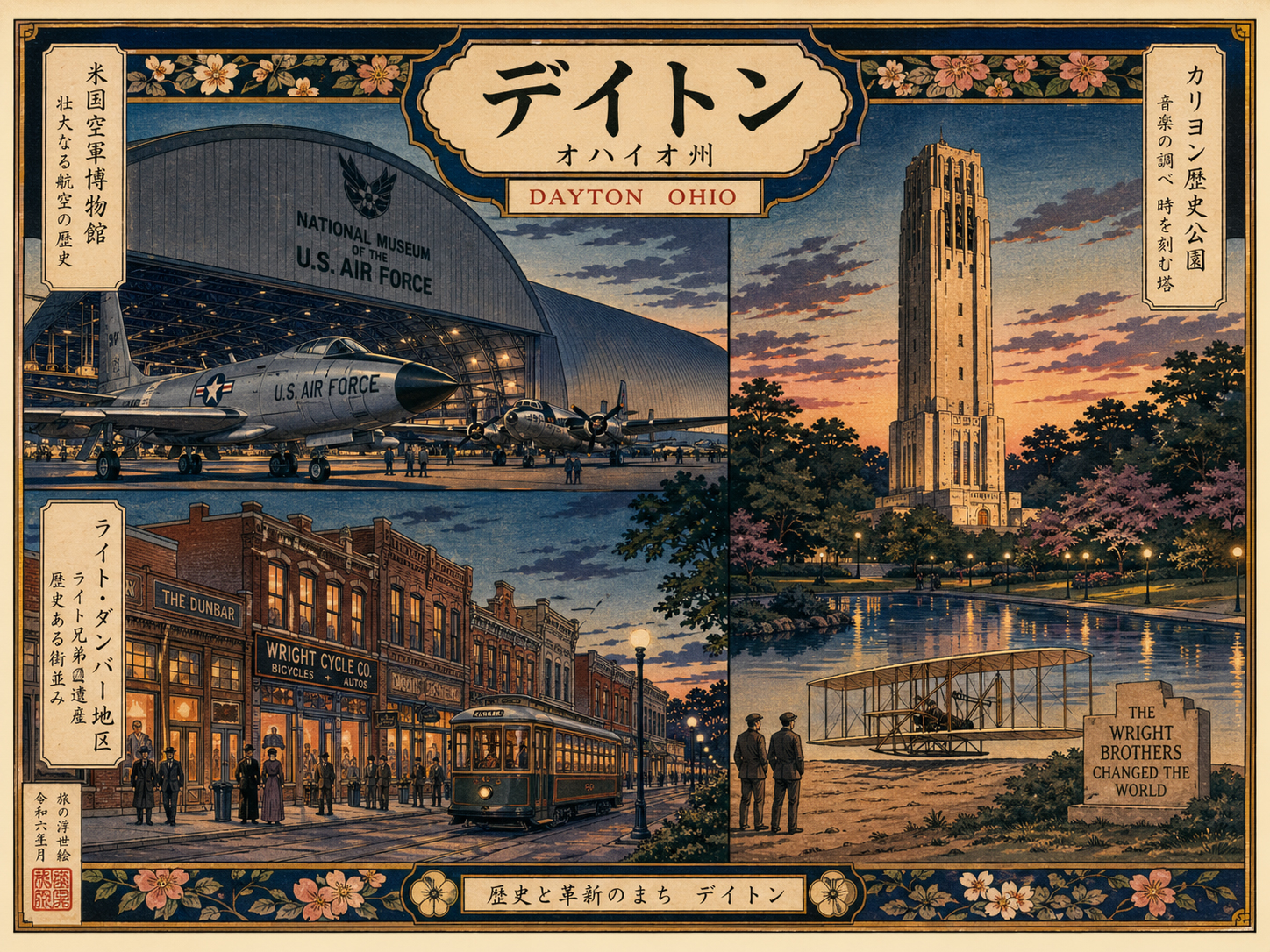 Air Force Museum、Carillon、Wright-Dunbarを重ねたデイトンの見どころを描いた日本風木版画スタイル