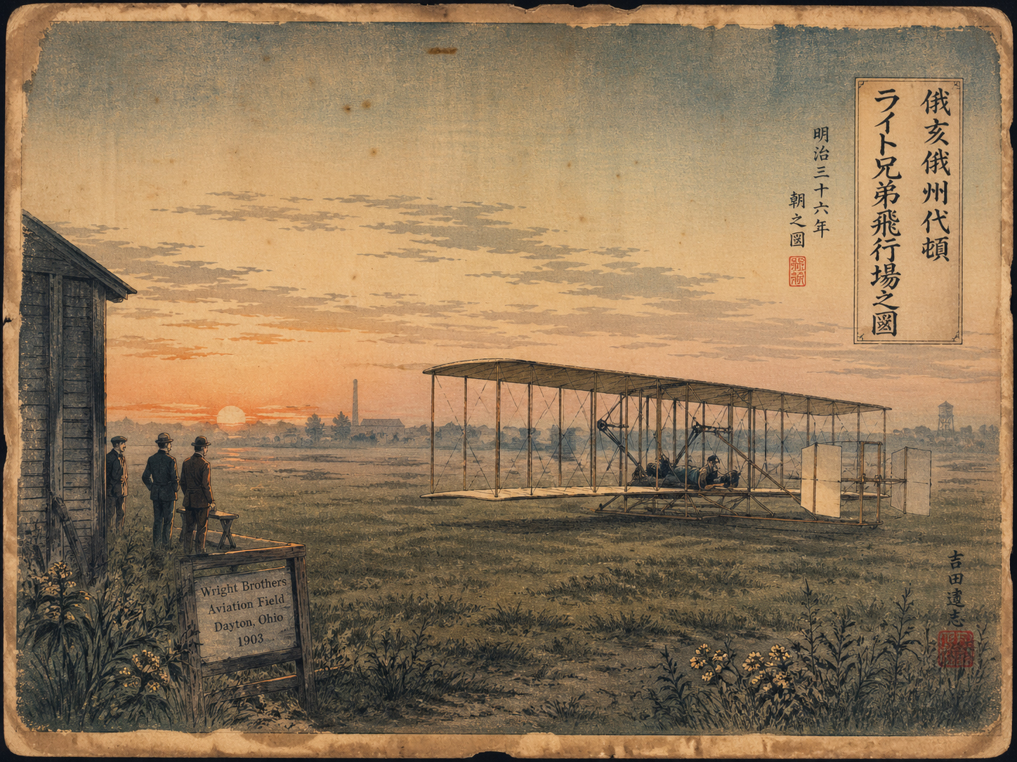 デイトンの航空の記憶を描いた日本風木版画スタイル