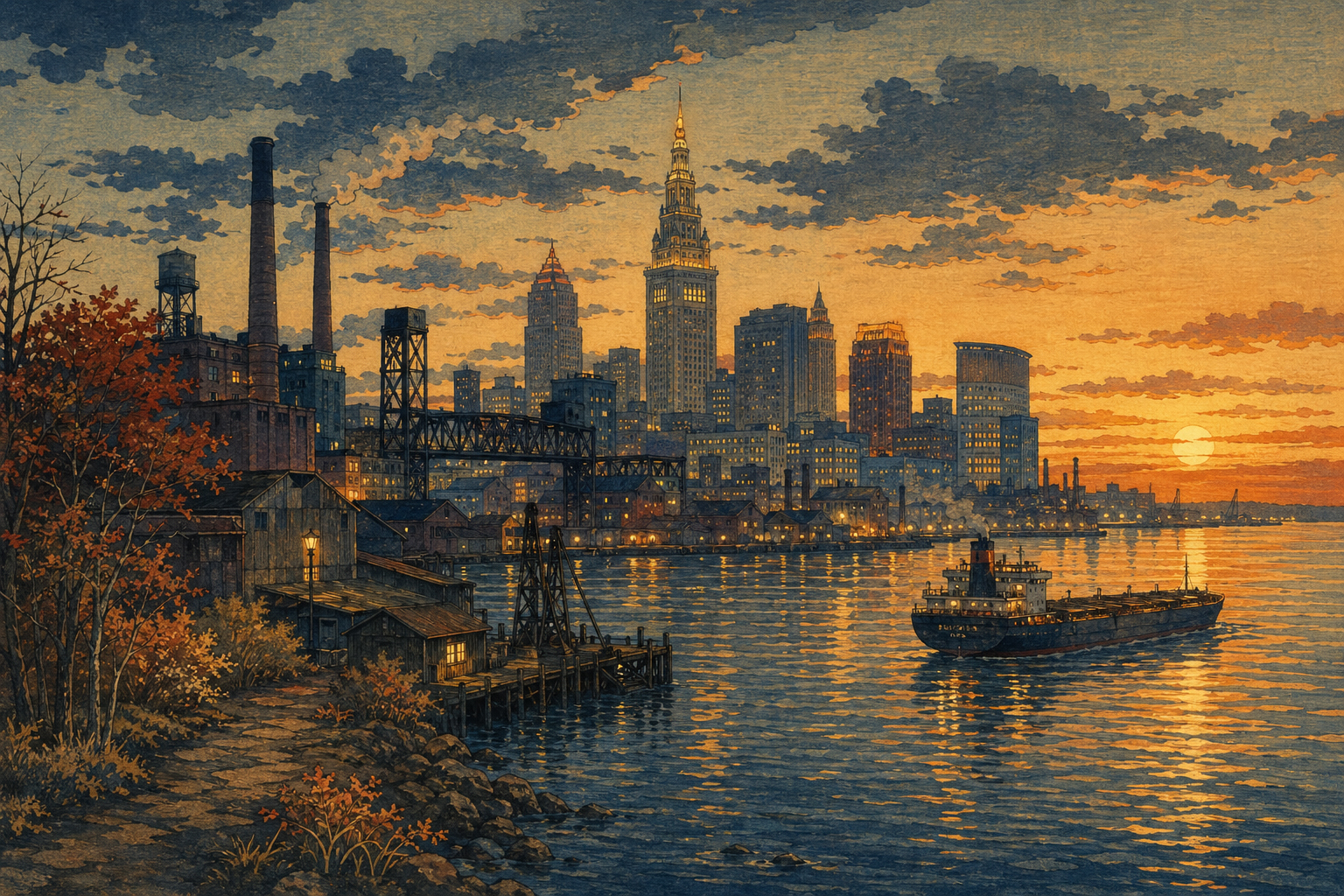 エリー湖とクリーブランドの工業の記憶、夕方の湖畔を描いた日本風木版画スタイル