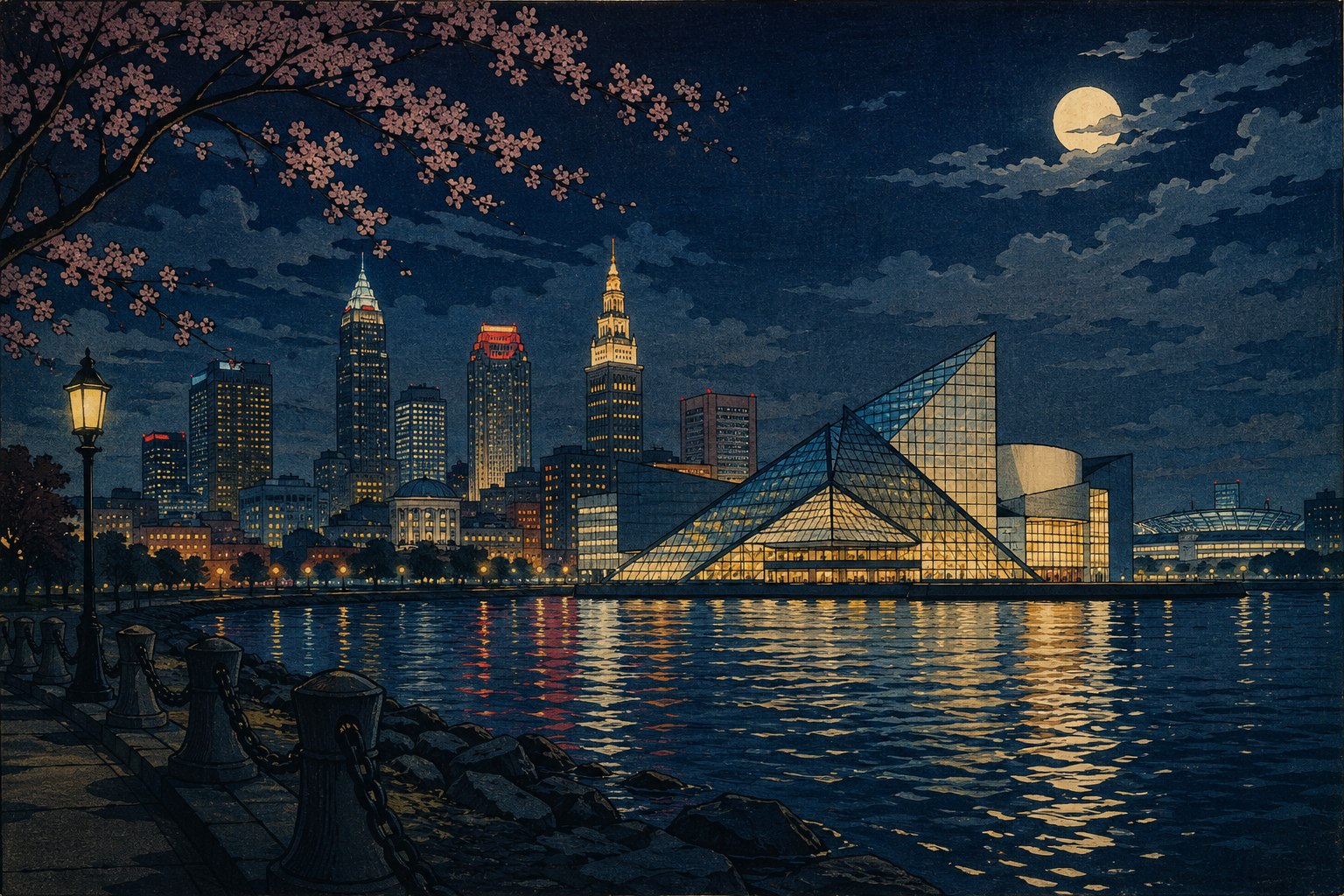 夜のクリーブランド湖畔、ロックの殿堂、音楽の光を描いた日本風木版画スタイル