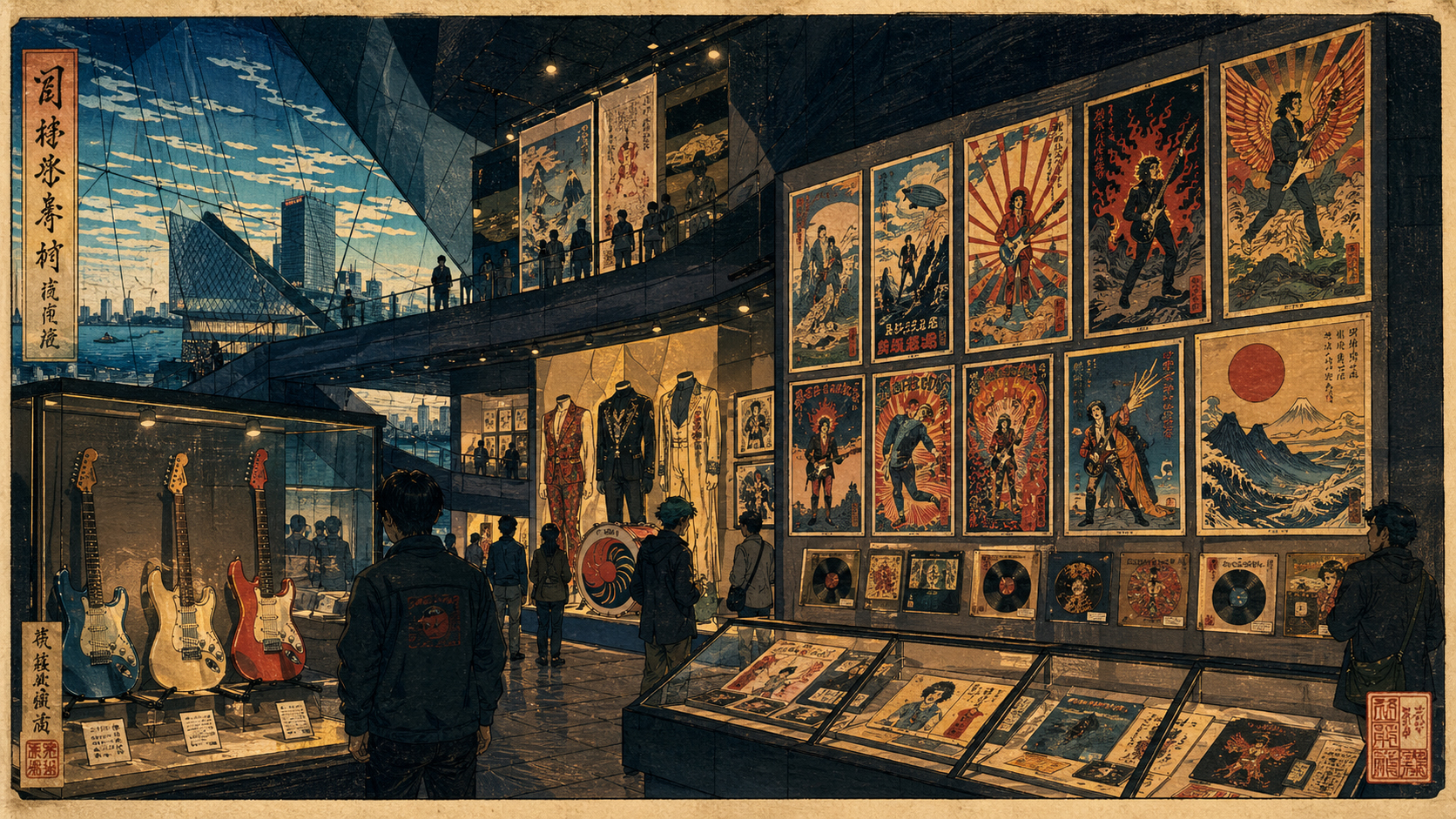 ロックの殿堂の展示、ギター、ポスター、衣装を描いた日本風木版画スタイル