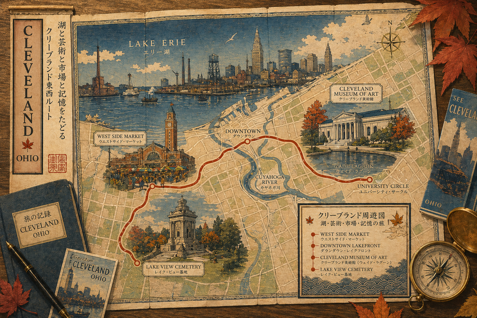 クリーブランドの湖畔、美術館、市場、墓地をつなぐ旅程地図を描いた日本風木版画スタイル
