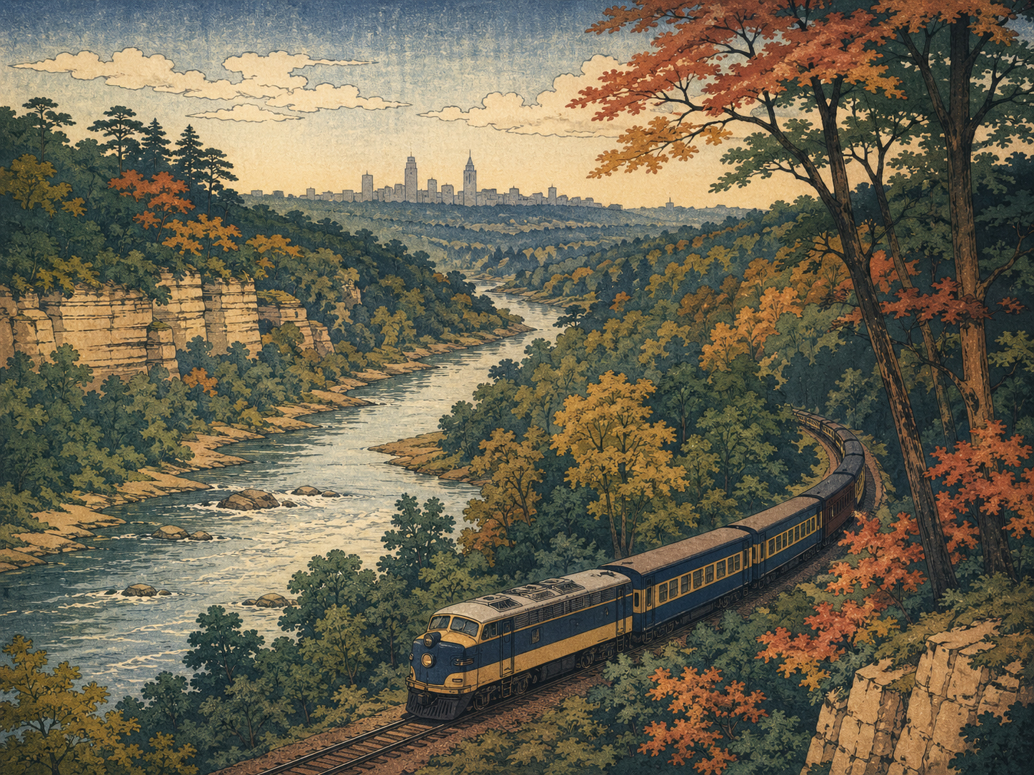 カヤホガ・バレーの川、森、鉄道、都市のあいだの自然を描く日本風木版画スタイル