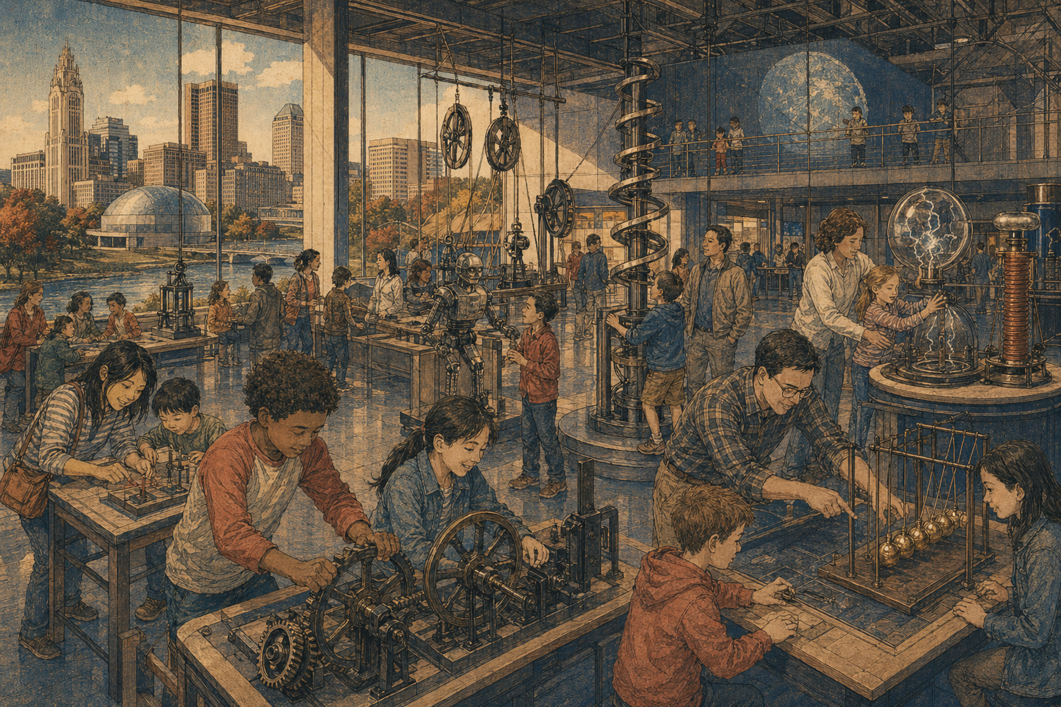 ColumbusのCOSI、子どもと大人が科学展示に触れる場面を描いた日本風木版画スタイル