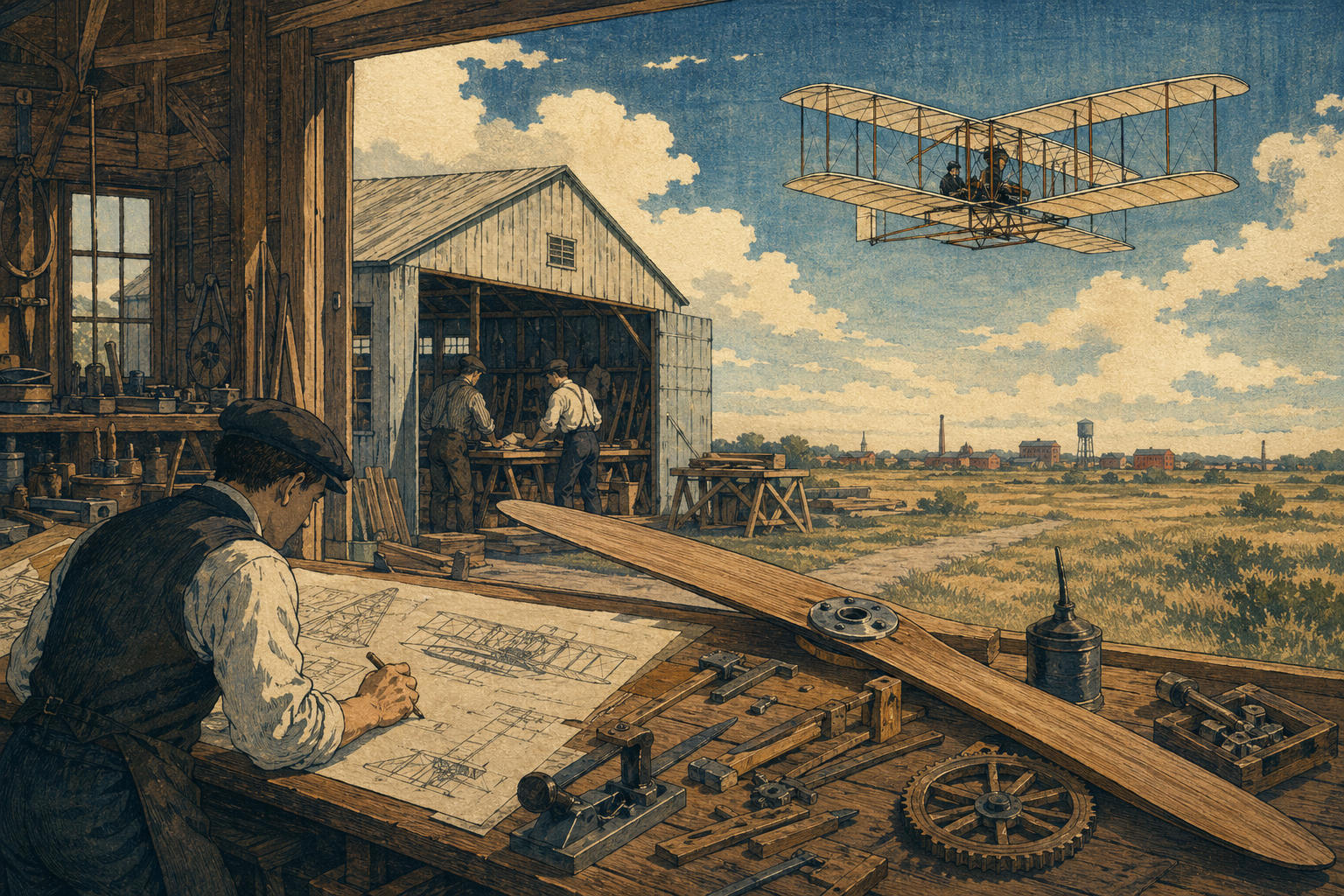 デイトンの作業台、ライト兄弟の実験、空へ向かう飛行機を描いた日本風木版画スタイル