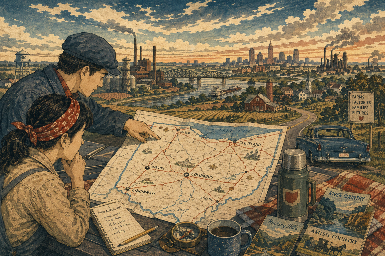 Ohio.co.jpの地図、Cleveland、Cincinnati、Columbus、Daytonを示す編集用の日本風木版画スタイル