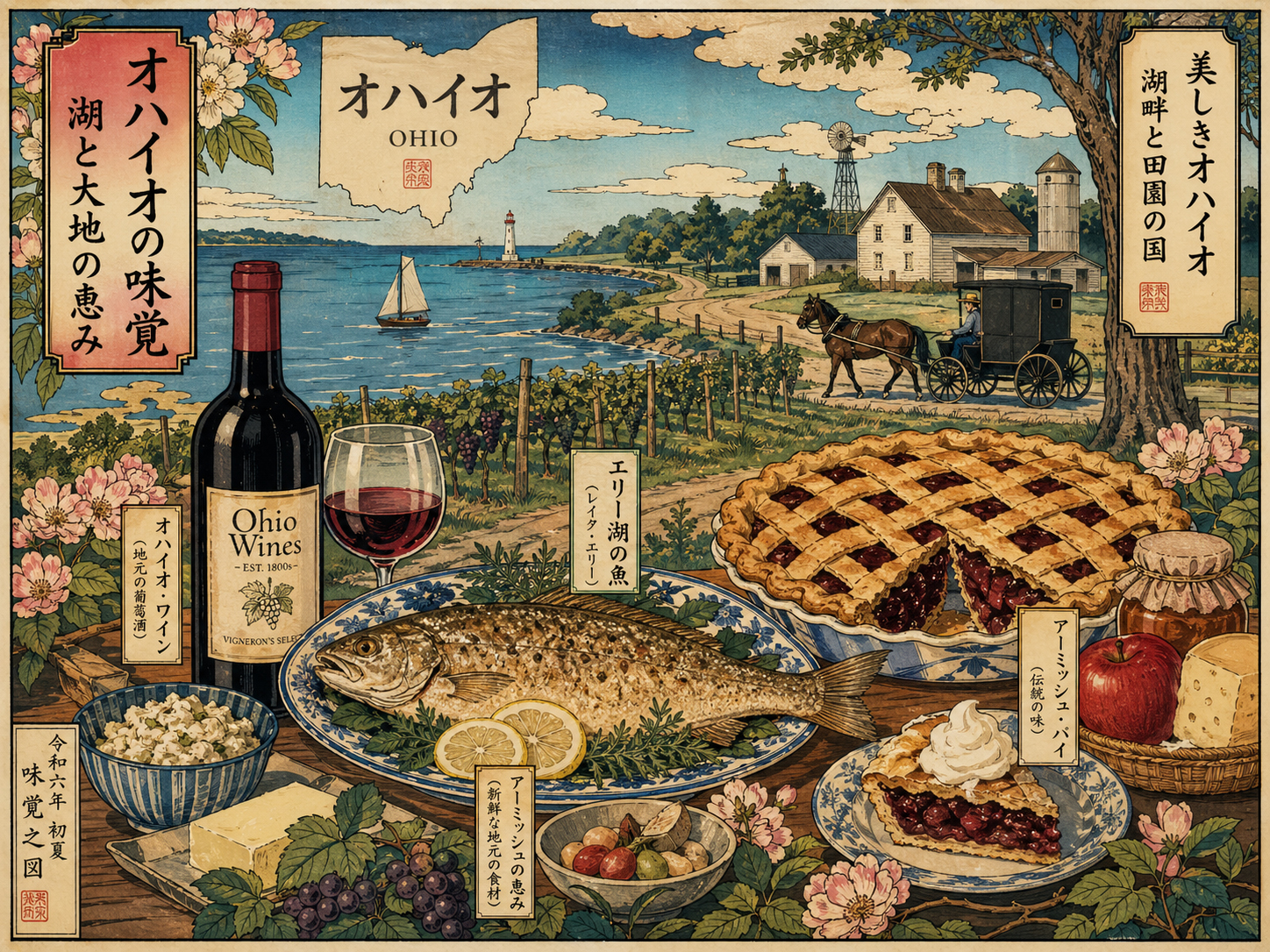 Lake Erieの魚とワイン、Amish Countryのパイと家庭料理を描いた日本風木版画スタイル