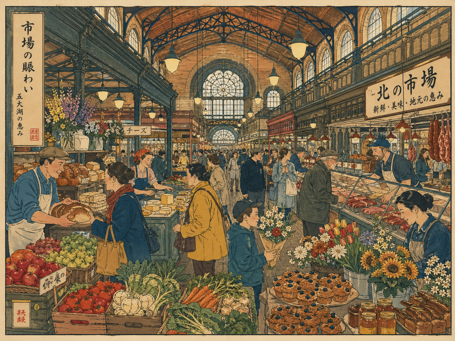 West Side MarketとNorth Marketの売り場、食品、買い物客を描いた日本風木版画スタイル