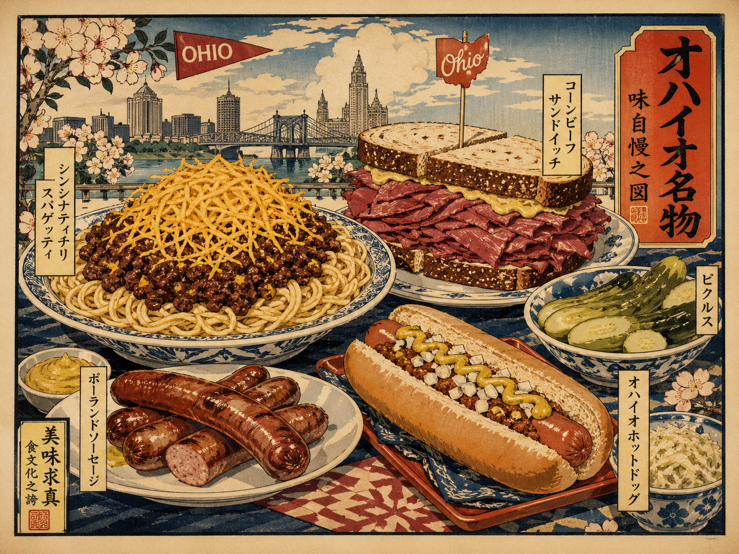 シンシナティ・チリ、コーンビーフ、ソーセージ、ホットドッグなど地域名物を描いた日本風木版画スタイル