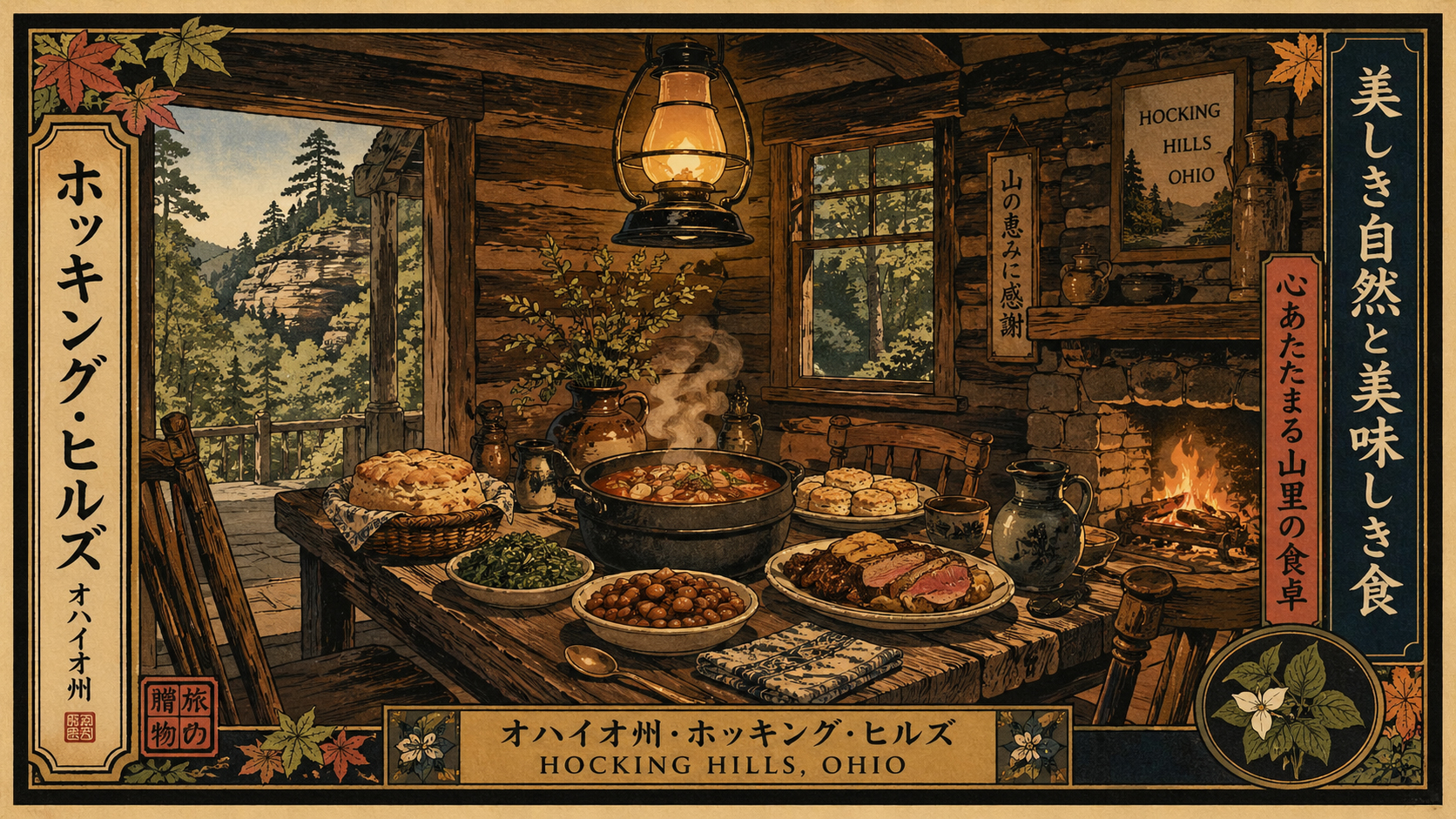 ホッキング・ヒルズのログキャビン風レストラン、温かい食卓を描いた日本風木版画スタイル