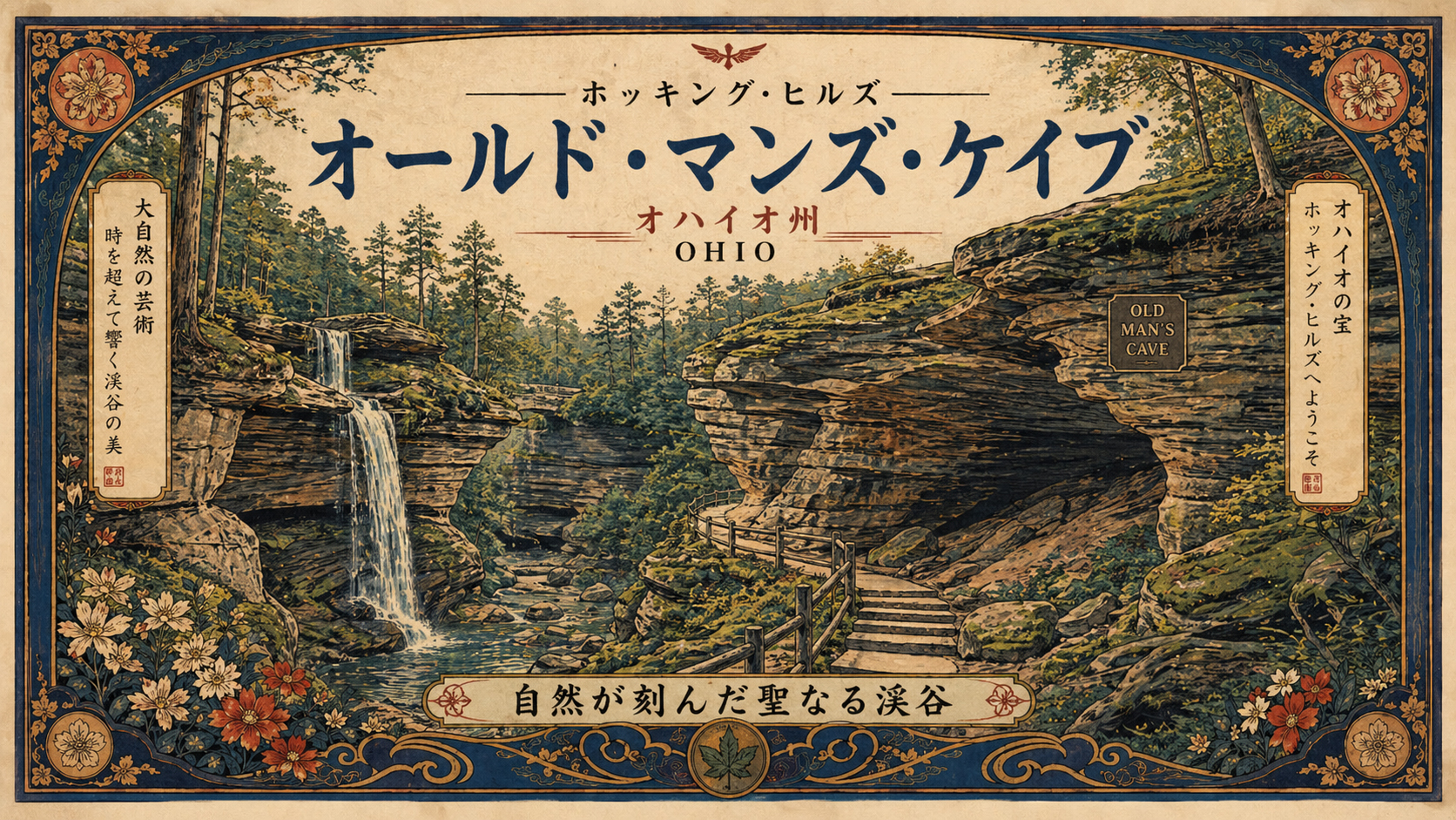 Old Man’s Caveの石段、峡谷、滝、森の影を描いた日本風木版画スタイル