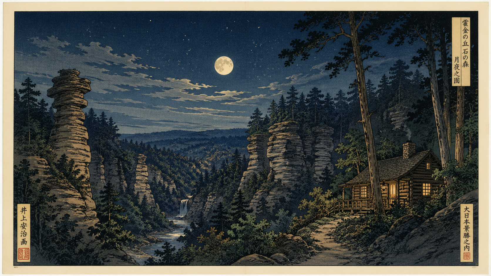 ホッキング・ヒルズの石、森、キャビンの夜を重ねたパノラマを描いた日本風木版画スタイル