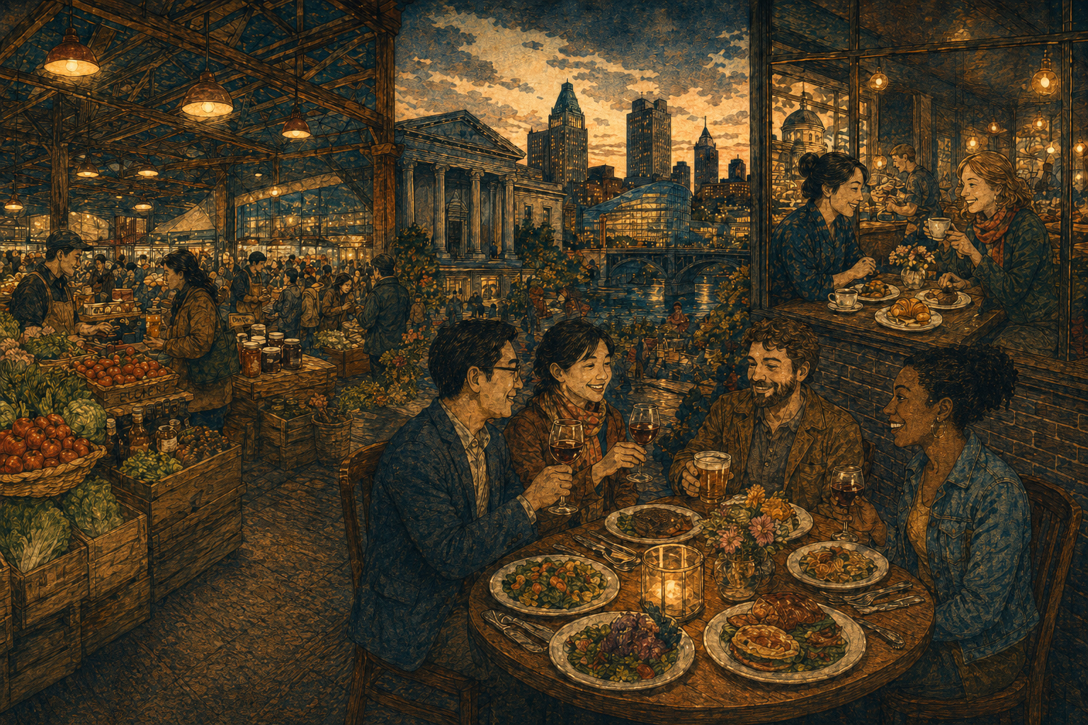 博物館のあとに訪れる市場、ビストロ、カフェを描いた日本風木版画スタイル