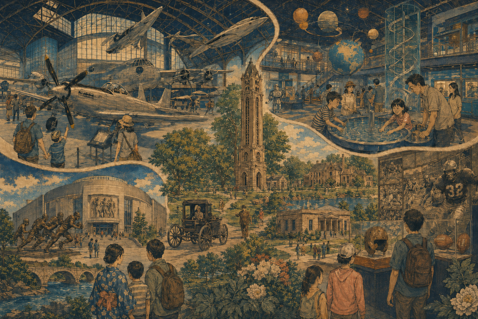 Air Force Museum、COSI、Carillon、Pro Football Hall of Fameを重ねた日本風木版画スタイル