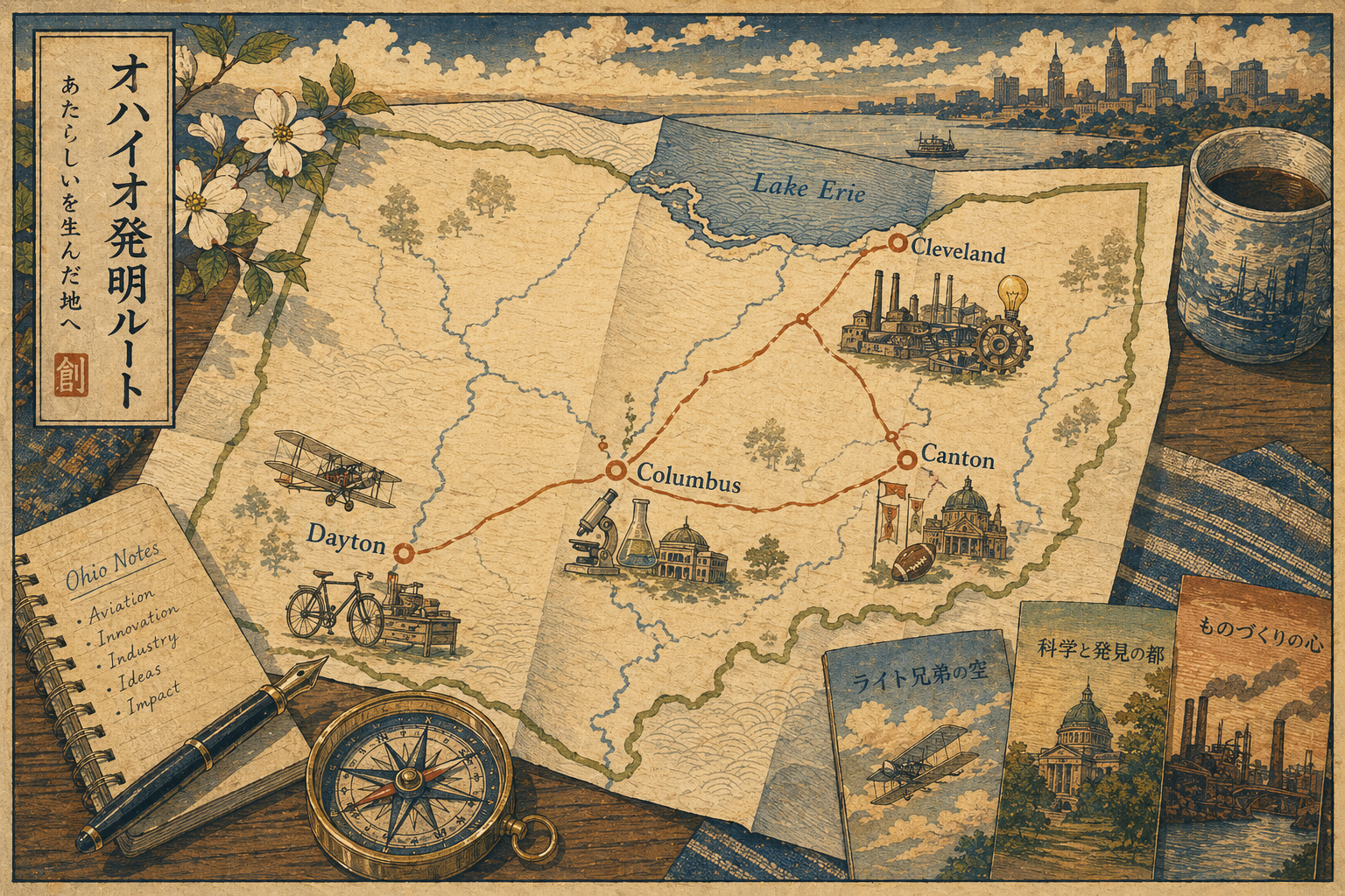 Dayton、Columbus、Cleveland、Cantonをつなぐオハイオ発明ルート地図を描いた日本風木版画スタイル