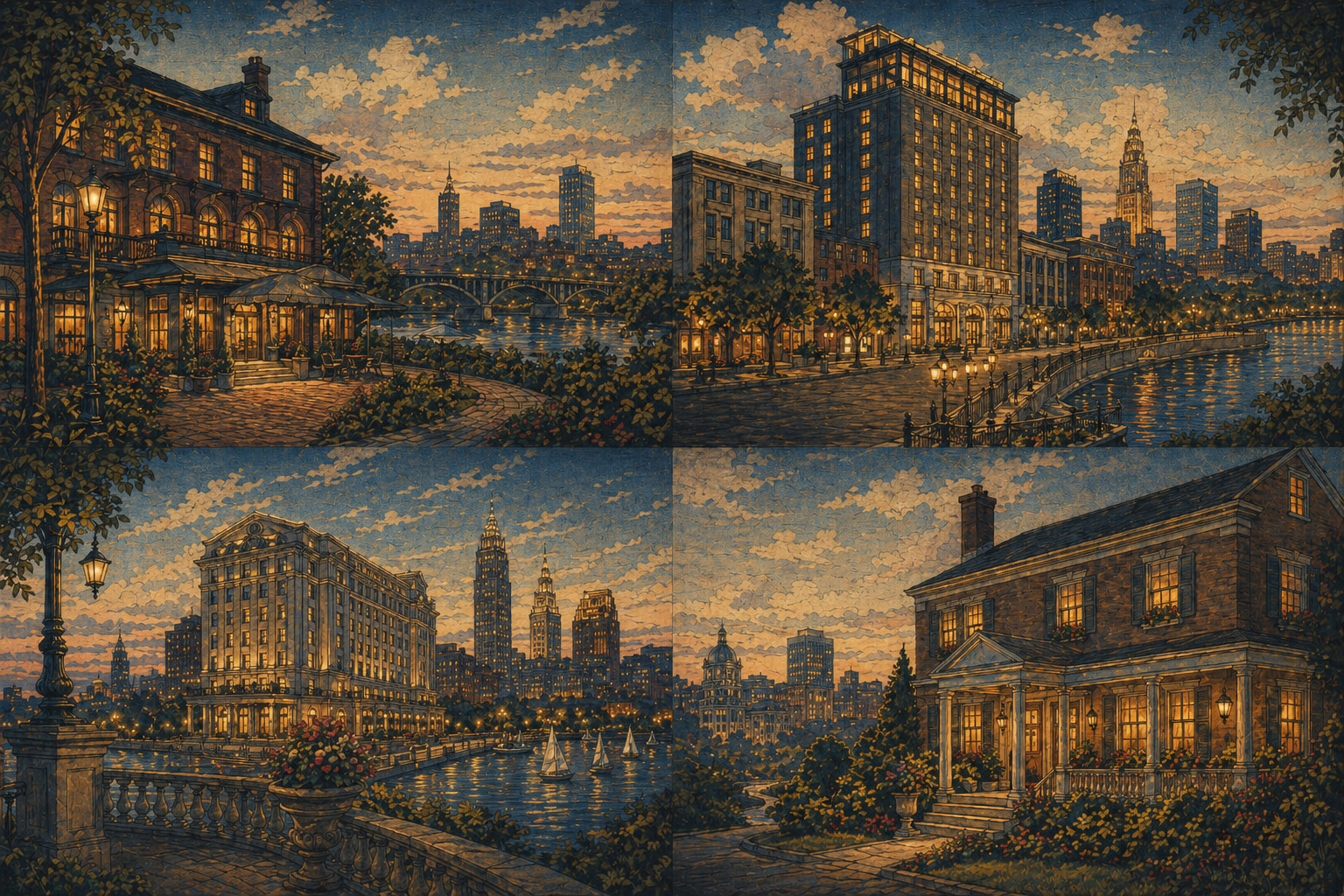 Dayton、Columbus、Cleveland、Cantonの都市ホテルを描いた日本風木版画スタイル