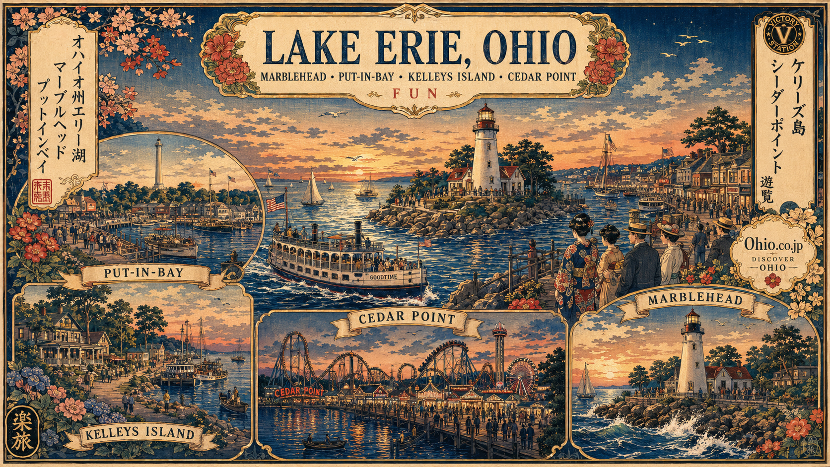 Marblehead、Put-in-Bay、Kelleys Island、Cedar Pointの見どころを重ねた日本風木版画スタイル