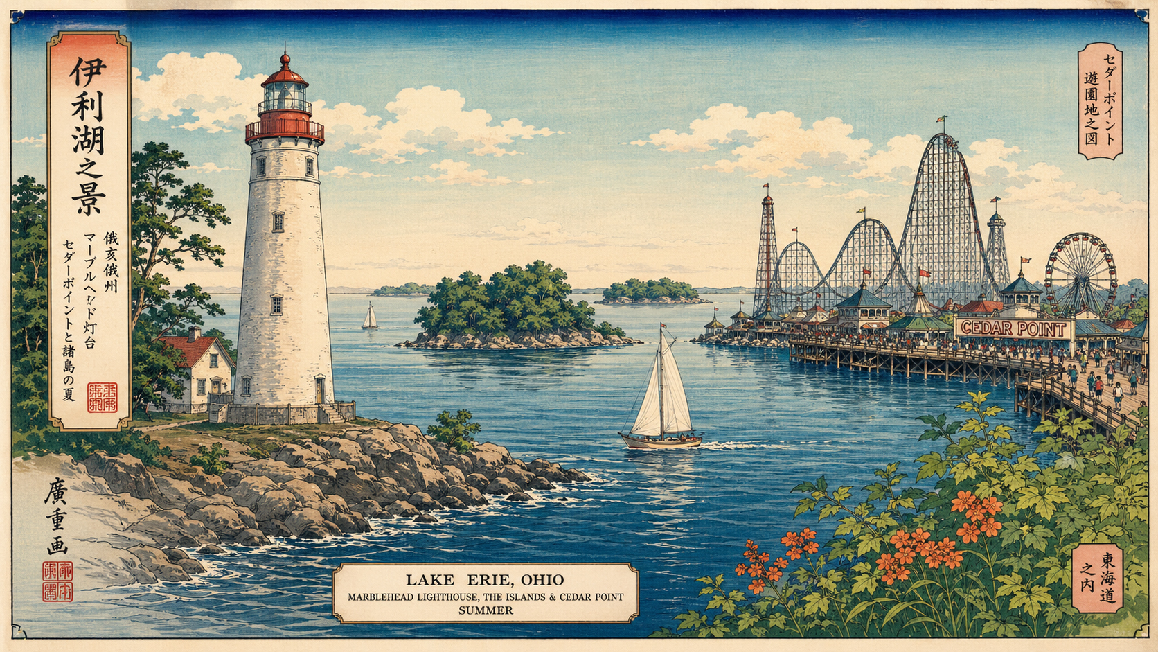 Marblehead Lighthouse、Lake Erie Islands、Cedar Pointの夏を重ねた日本風木版画スタイル