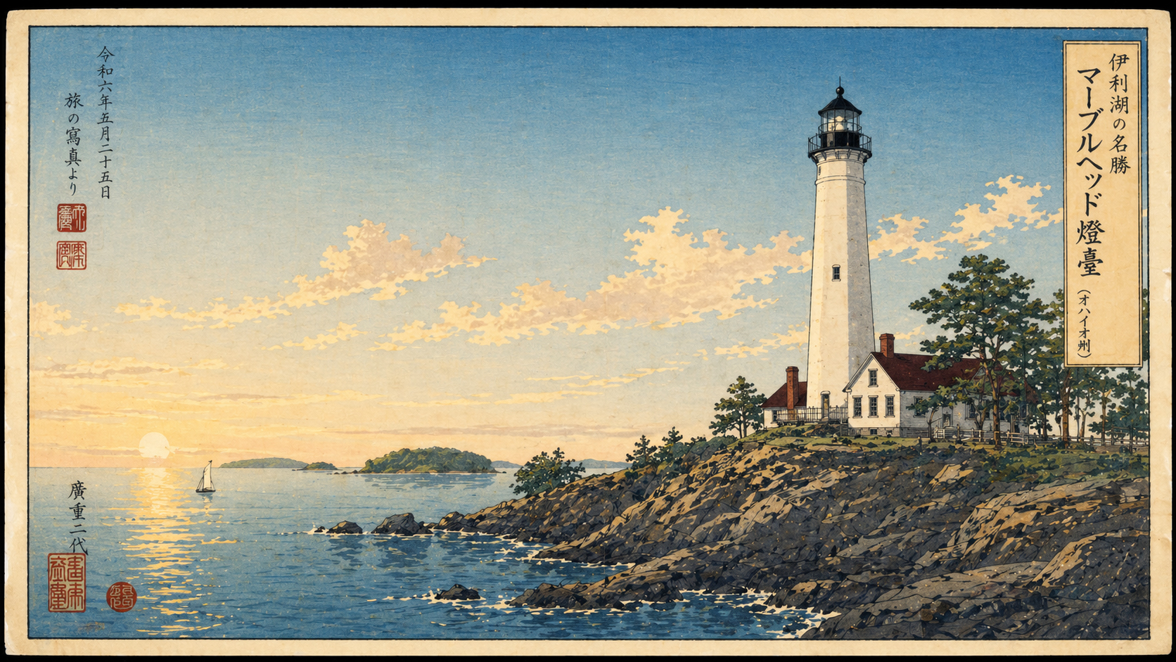朝のMarblehead Lighthouse、岩場、エリー湖、遠い島々を描いた日本風木版画スタイル