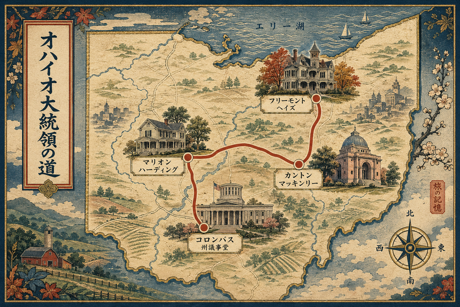 州議事堂、ヘイズ、マッキンリー、ハーディングの史跡を結ぶ旅程地図を描いた日本風木版画スタイル
