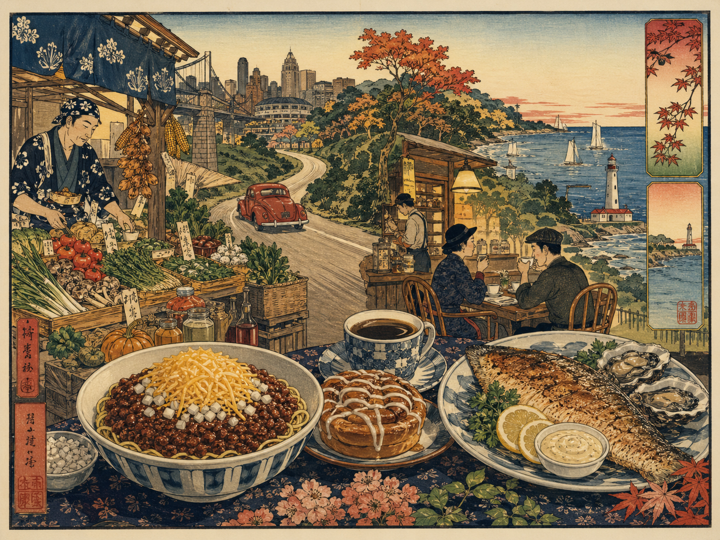 ロードトリップ中の市場、チリ、カフェ、湖畔の食事を描いた日本風木版画スタイル