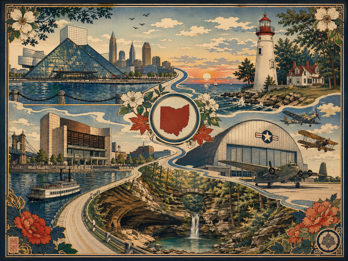 Rock Hall、Freedom Center、Air Force Museum、Hocking Hills、灯台を重ねたロードトリップ見どころを描いた日本風木版画スタイル