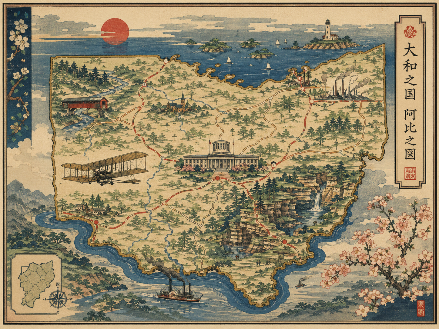Cleveland、Lake Erie、Columbus、Dayton、Hocking Hills、Cincinnatiを結ぶオハイオロードトリップ地図を描いた日本風木版画スタイル