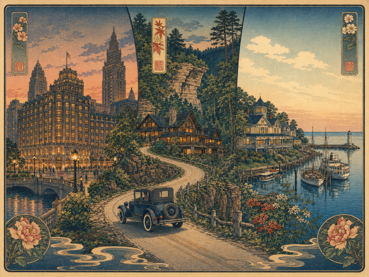 都市ホテル、森のロッジ、湖の島宿を描いた日本風木版画スタイル
