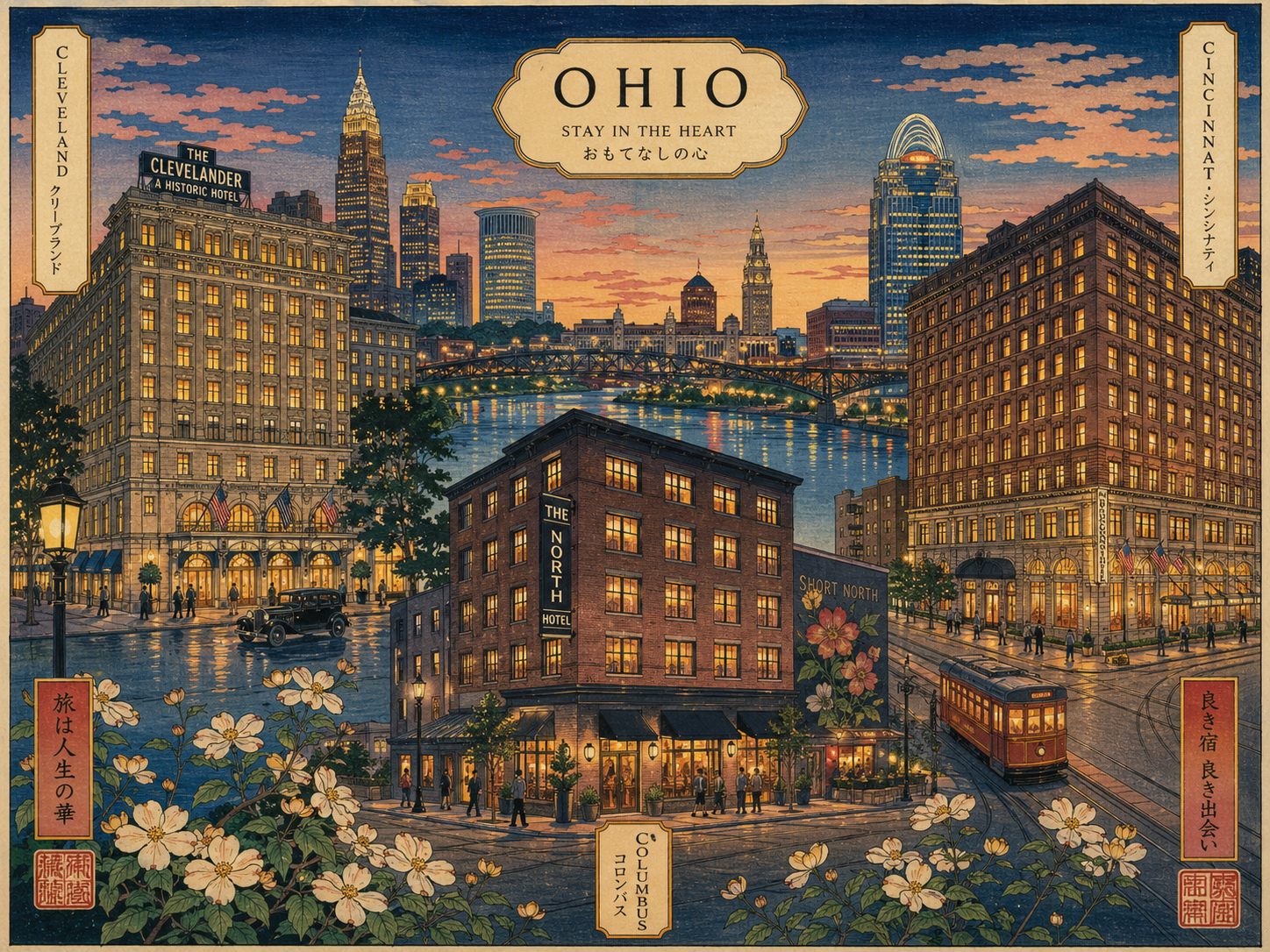 クリーブランド、シンシナティ、コロンバスの都市ホテルと夕景を描いた日本風木版画スタイル