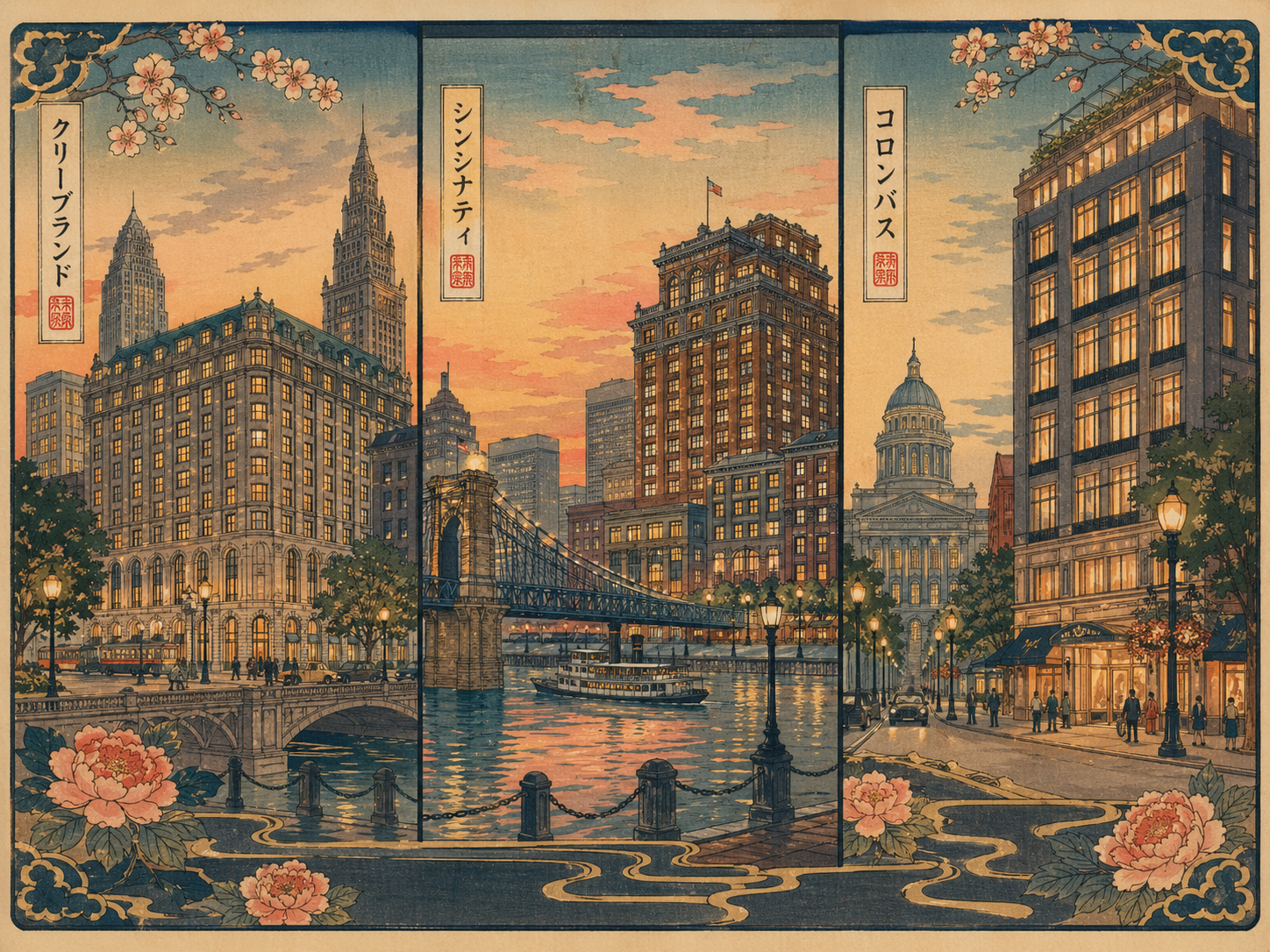 Cleveland、Cincinnati、Columbusの都市ホテルを描いた日本風木版画スタイル