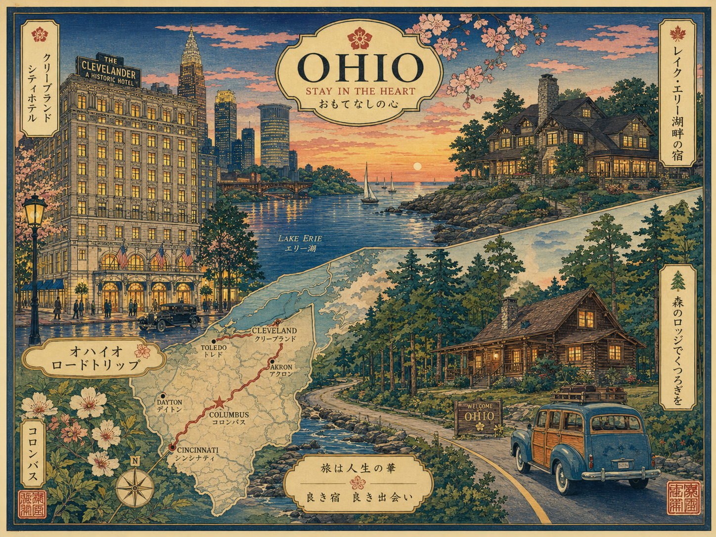 都市ホテル、湖畔リゾート、森のロッジ、ロードトリップ地図を描いた日本風木版画スタイル