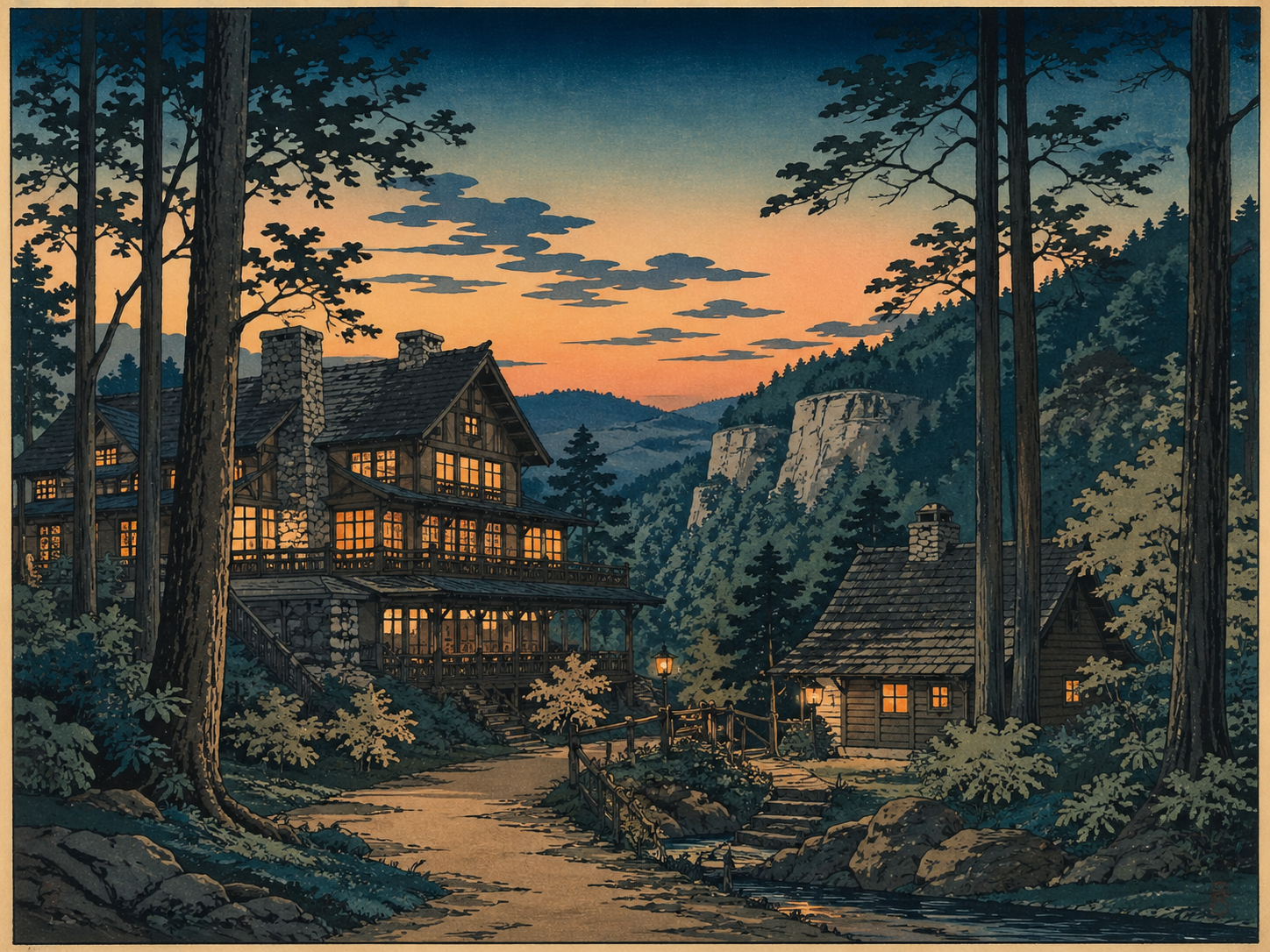 Hocking Hillsの森のロッジとキャビンの夕景を描いた日本風木版画スタイル