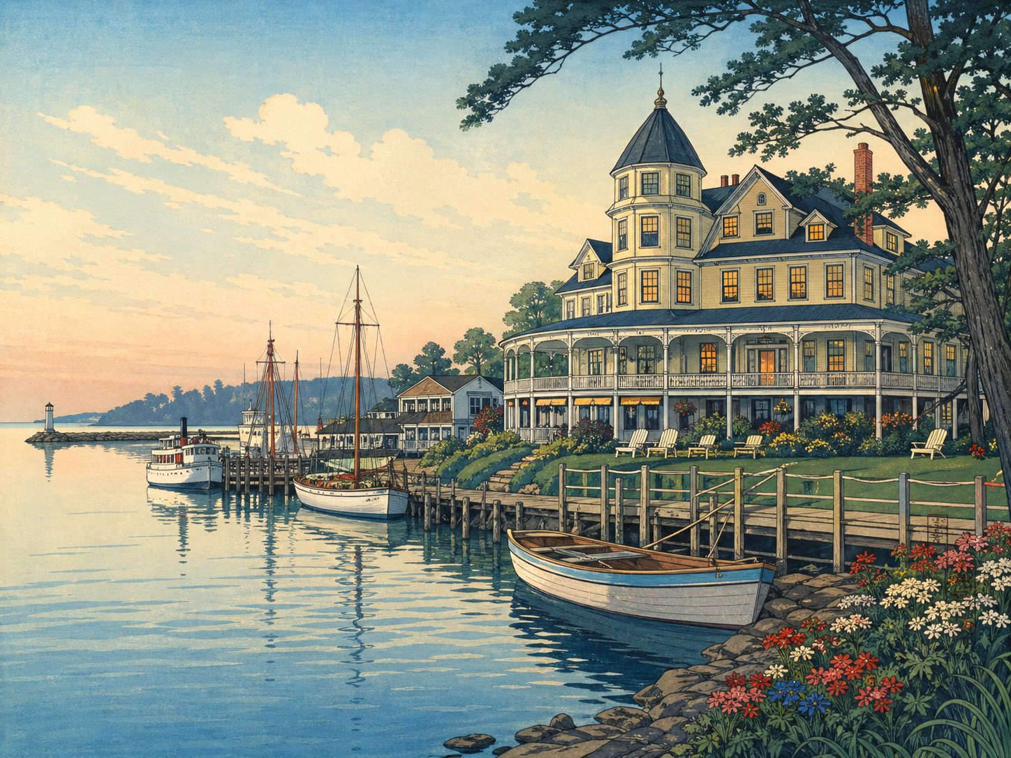 Lake Erieの島の宿と港の朝を描いた日本風木版画スタイル