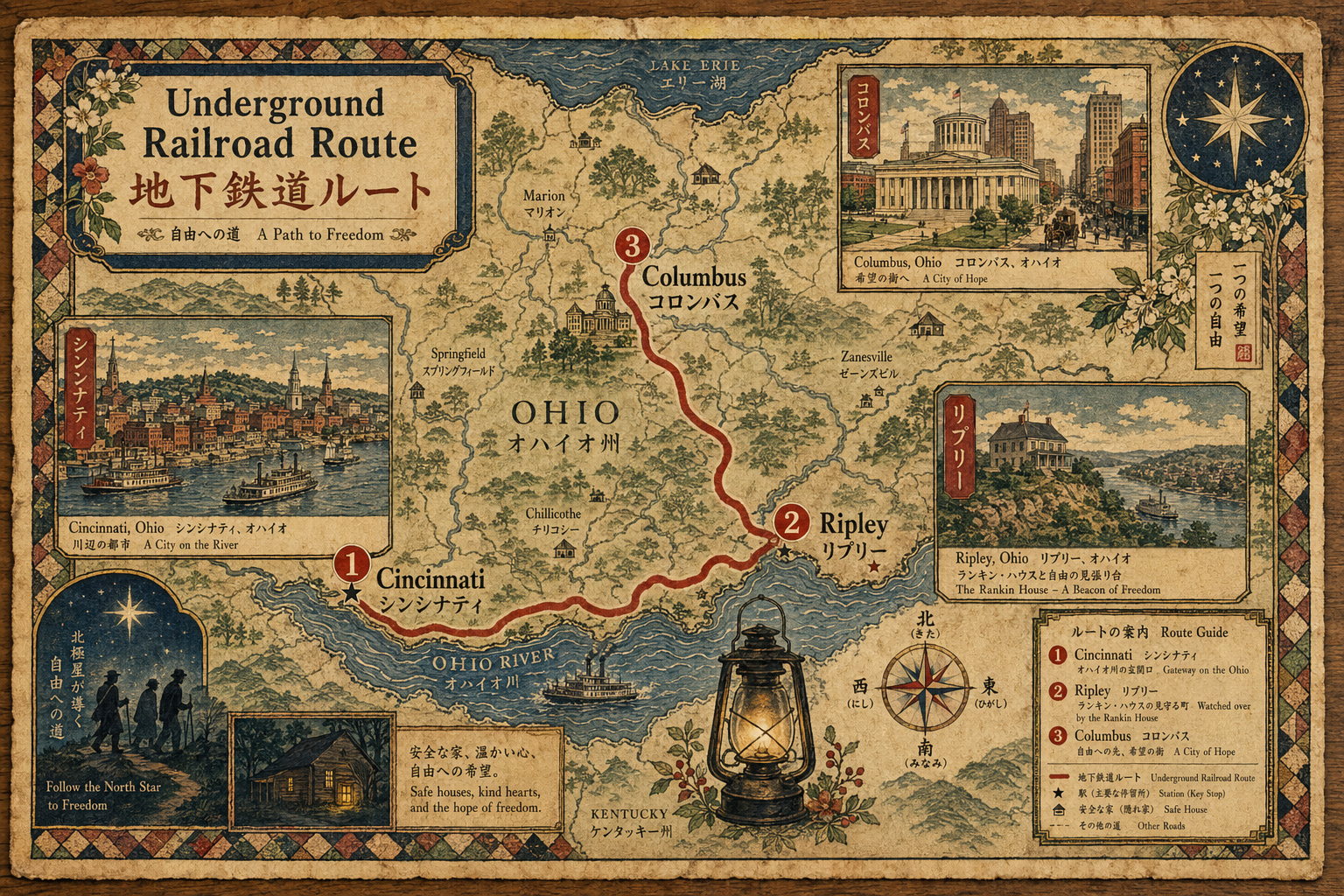 Cincinnati、Ripley、Columbusを結ぶ地下鉄道記憶の旅程地図を描いた日本風木版画スタイル